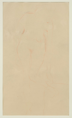 A faint outline of a female figure in red pastel on a beige background