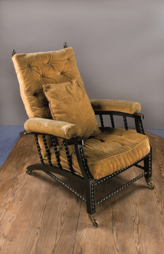 wooden adjustable back armchair upholstered in yellow Utrecht velvet