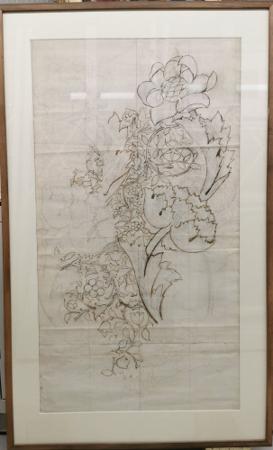 Monochrome design showing a background of flowing stems overlaid by large stylised flowerheads