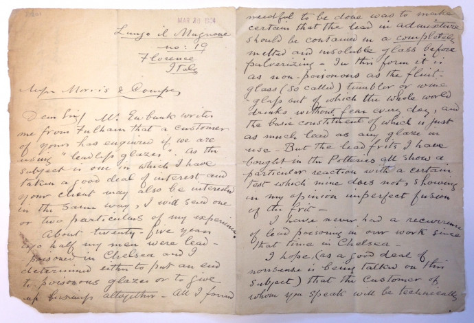 Letter from William de Morgan to Morris & Co concerning the use of lead glazes in his cermics.