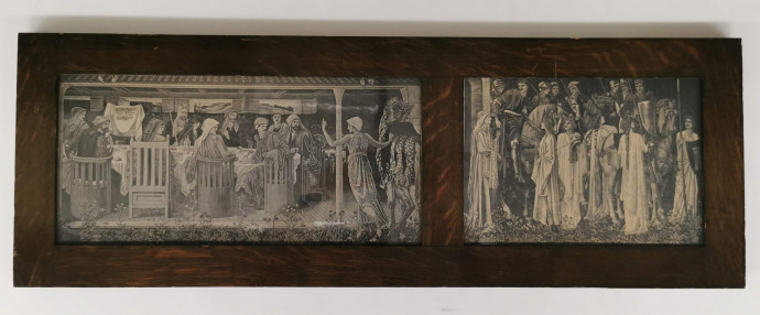 Two black and white photographs of a Morris & Co. tapestry framed together in dark oak