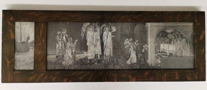 Two black and white photographs of a Morris & Co. tapestry framed together in dark oak