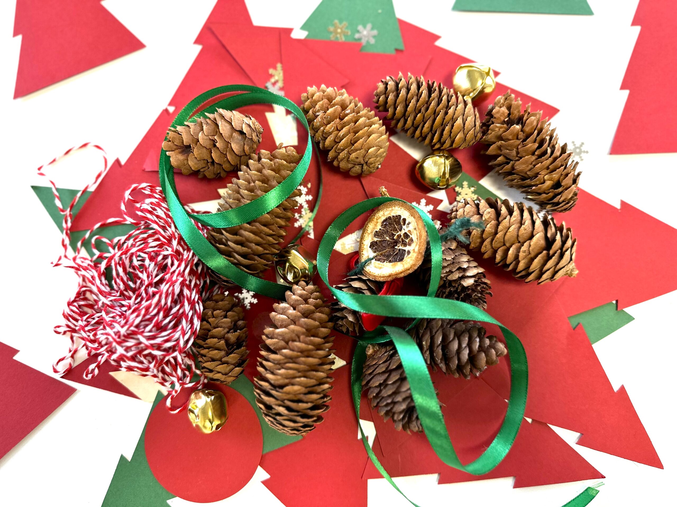 Pine cone, string and ribbon for decoration making