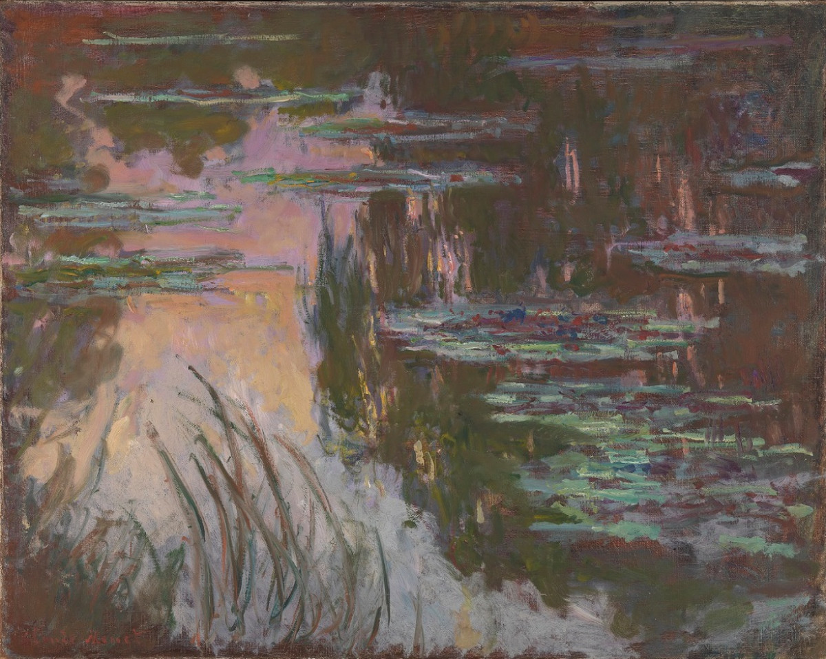 Monet's painting of water lillies surrounded by reeds, with the sun reflected in pink on the water