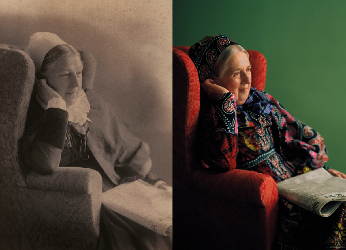 A sepia-toned photo of an older woman sitting in an armchair sits next to a modern colour photo of an older woman. Both wear headdresses