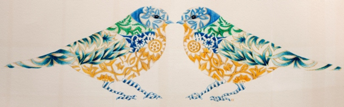 Two embroidered birds shown side on with beaks touching