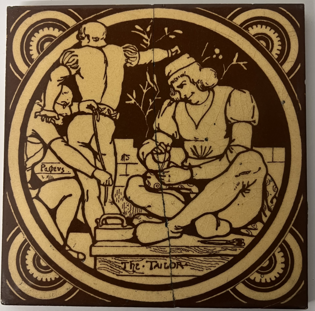 yellow and brown tile showing man seated sewing