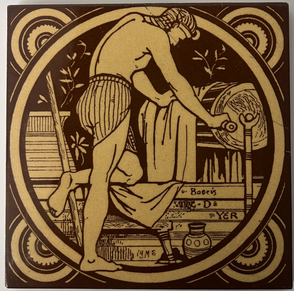 yellow and brown tile showing dyer standing over vat