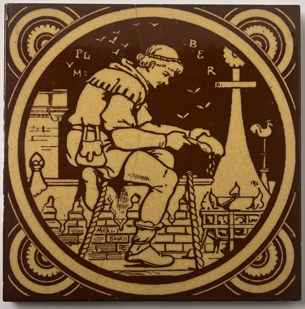 yellow and brown tile showing a man on a roof