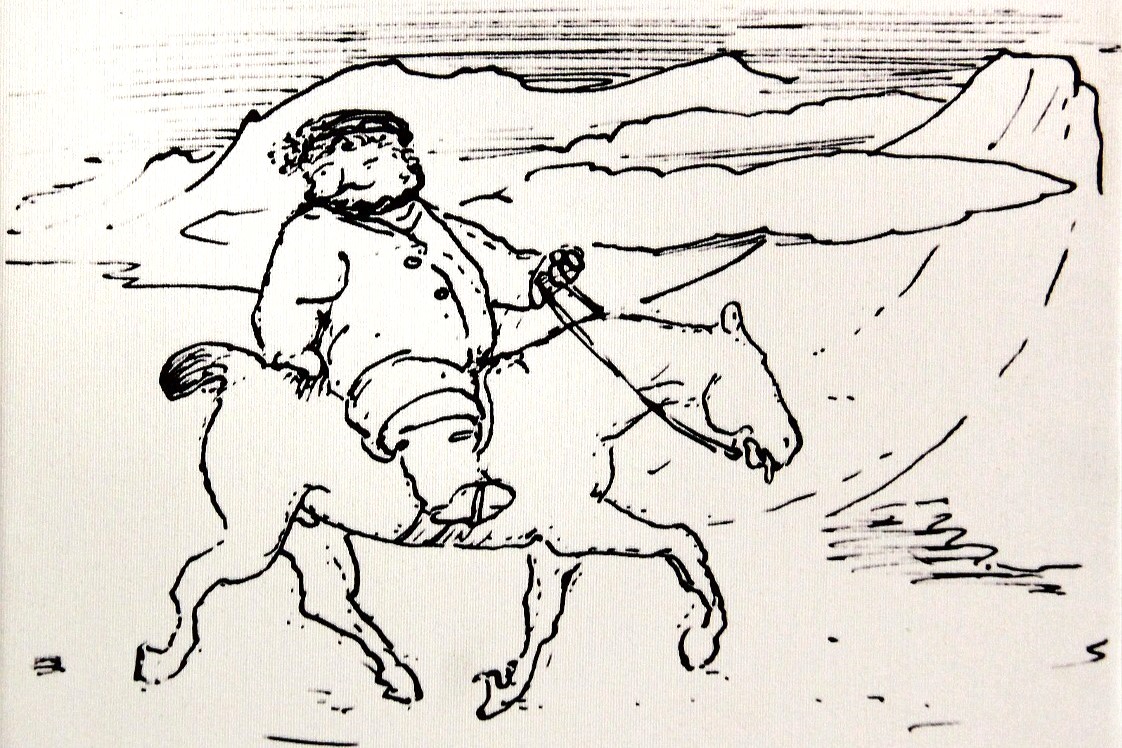 William Morris on pony in Iceland 1870 cartoon by Edward Burne-Jones