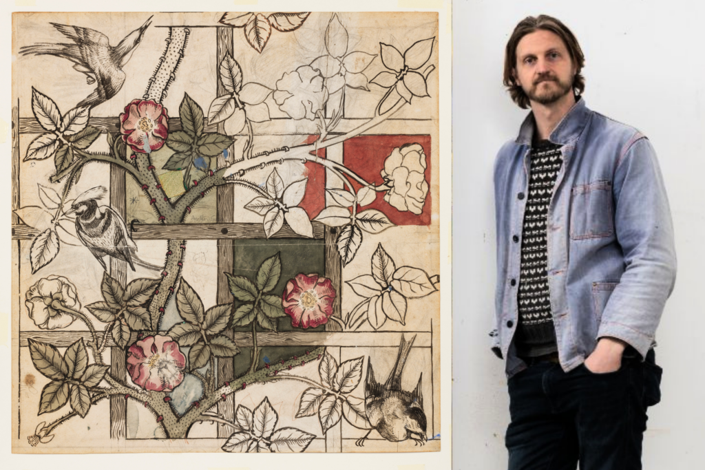 Alastair Gordon stands to the right of William Morris's design for Trelis wallpaper