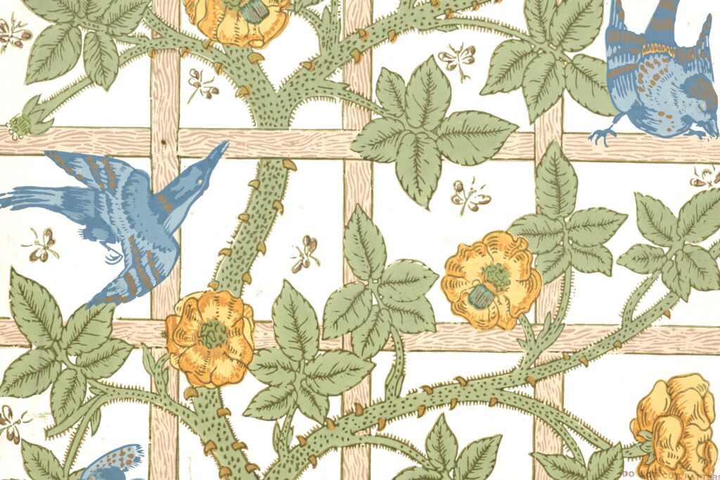 Birds, flowers, branches leaves on a wooden trellis. Wallpaper illustration.