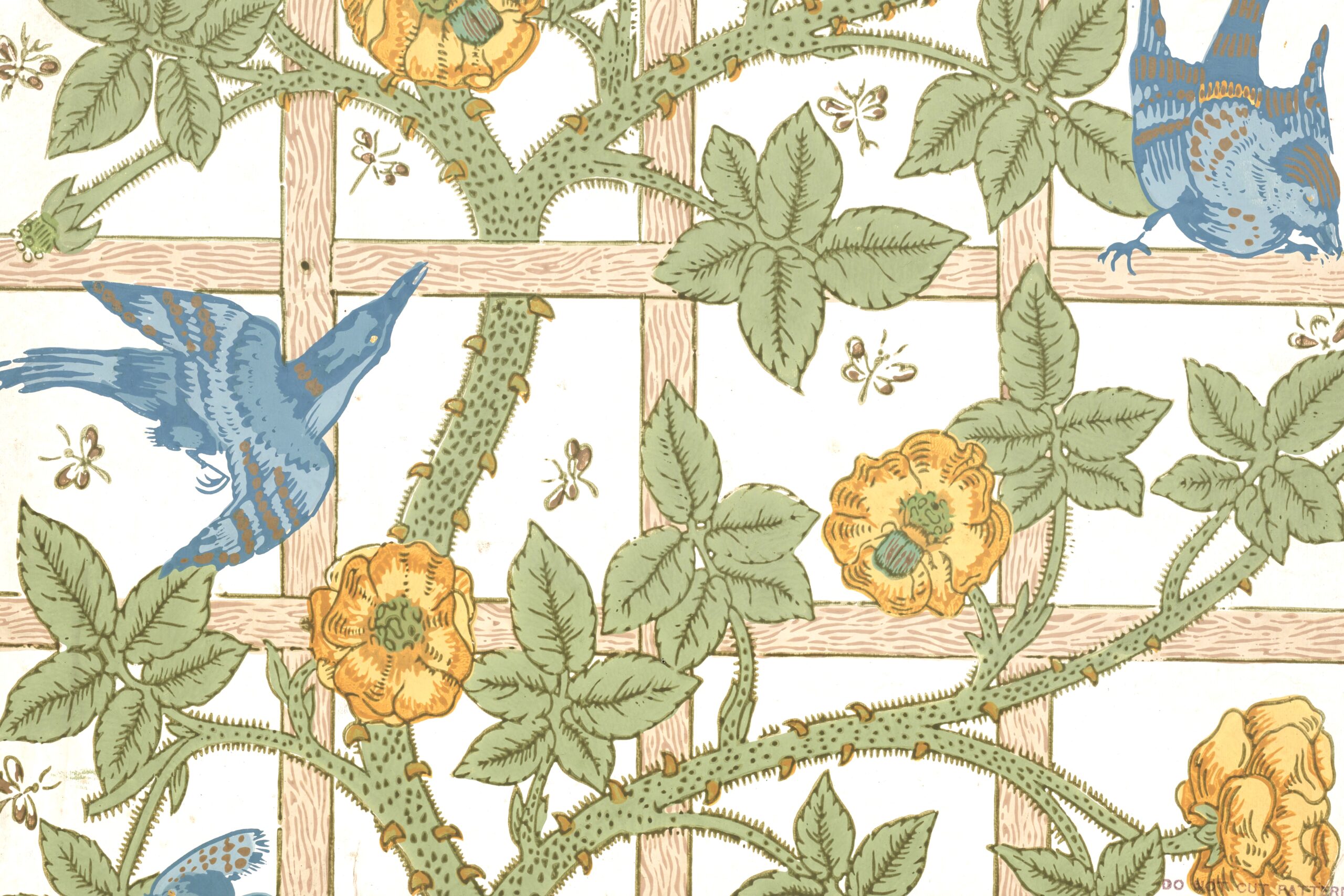 Birds, flowers, branches leaves on a wooden trellis. Wallpaper illustration.