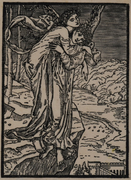 Woodcut of a figure on the back of a winged figure