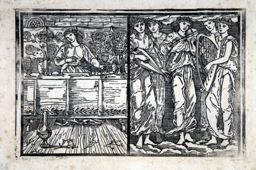 Woodcut of a figure at a table and three musicians