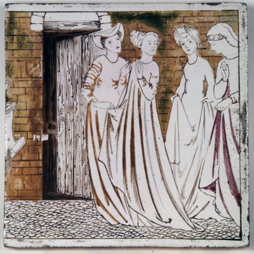 Tile with group of four women standing in front of open door.